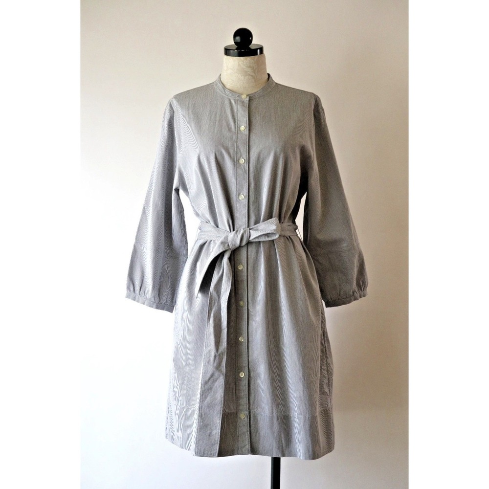 Everlane Gray Cotton Pinstripe Button Front Long Sleeve Belt Shirtdress Women 12
